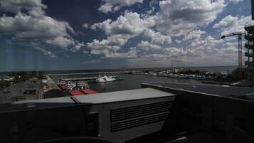 Vista desde un punto elevado sobre un puerto deportivo con barcos amarrados, cielo despejado con nubes dispersas y una costa lejana.
