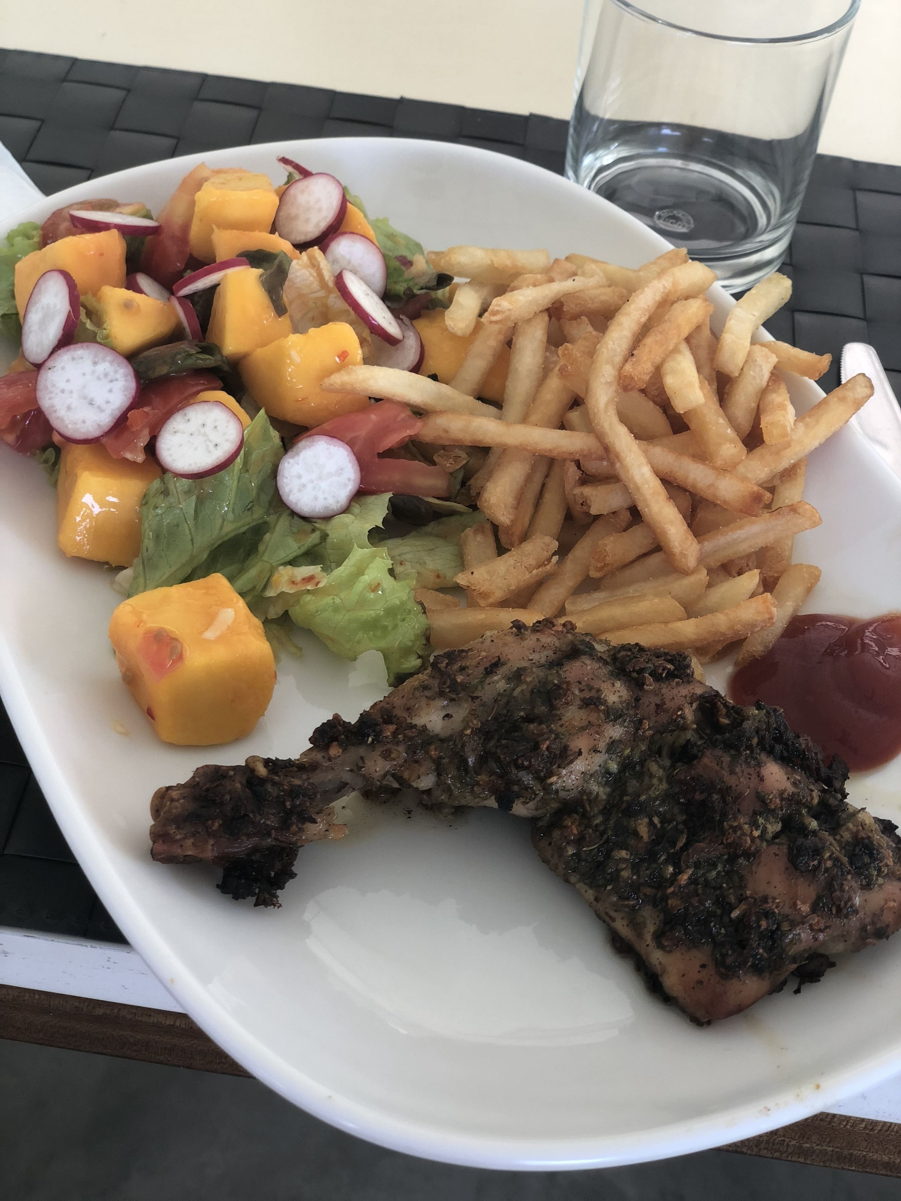 A plate with grilled meat, fries, a salad with radishes and cheese, and a glass of water.