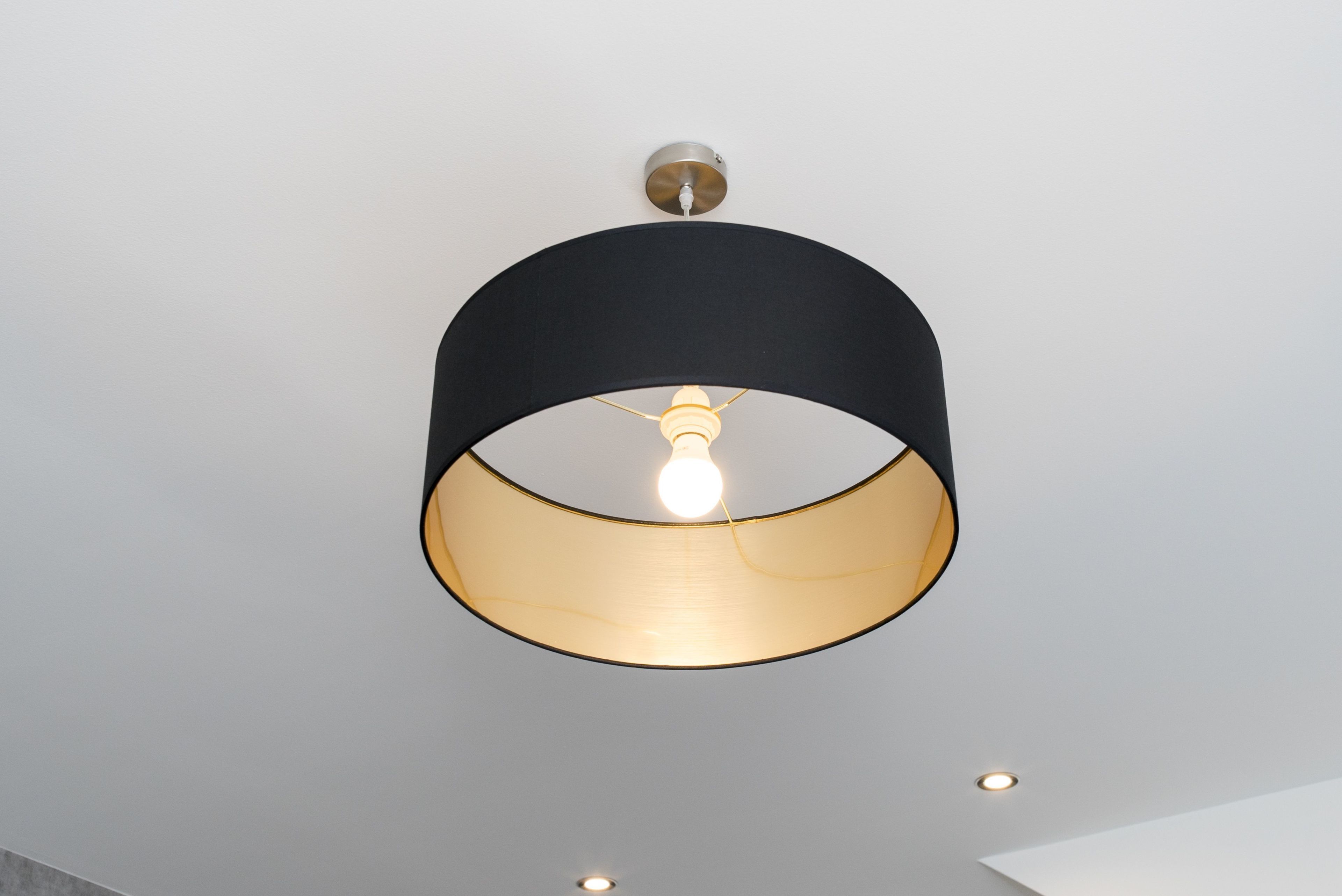 A ceiling light fixture with a black shade and a visible bulb.