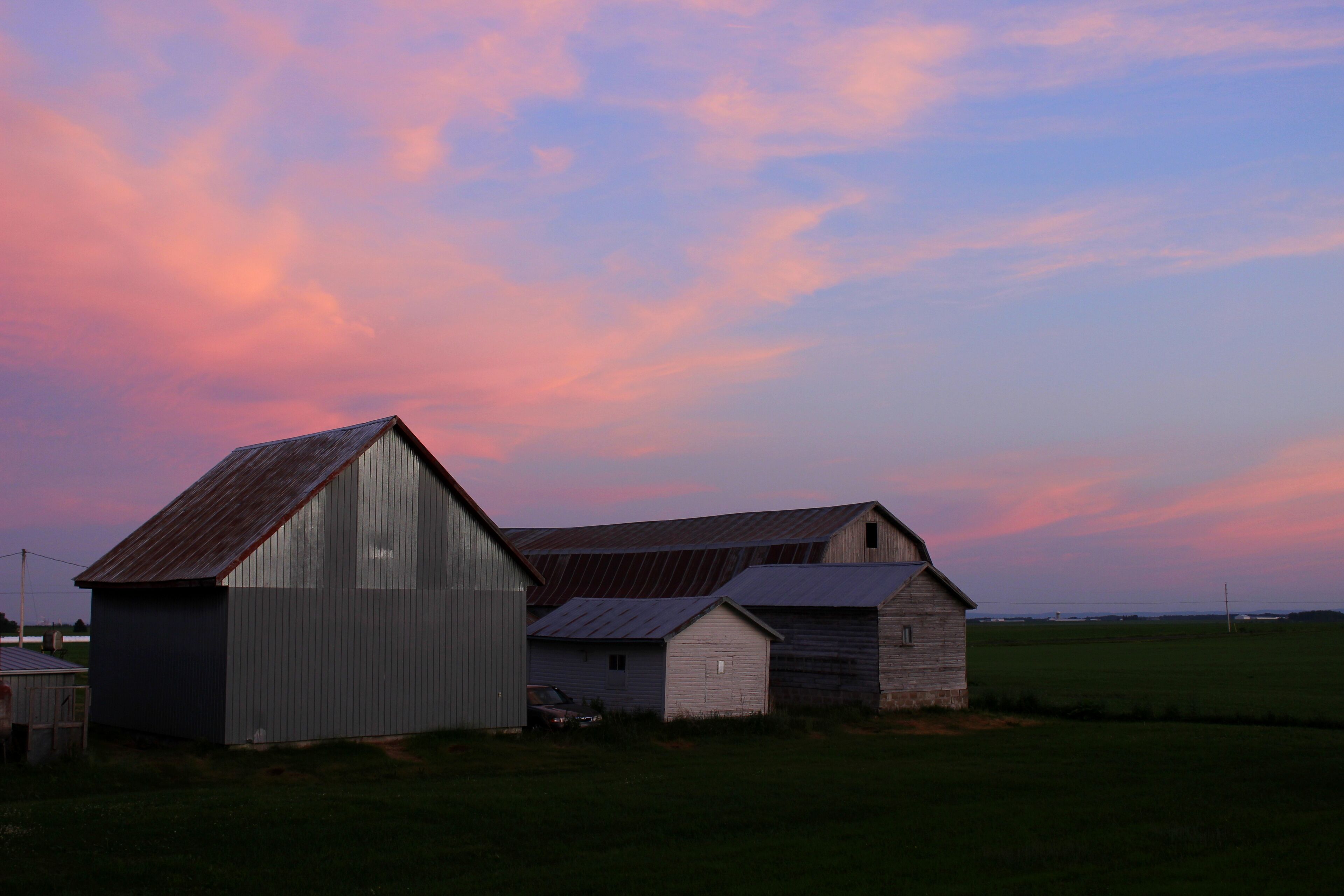 A rural barn complex with multiple buildings, surrounded by open fields.