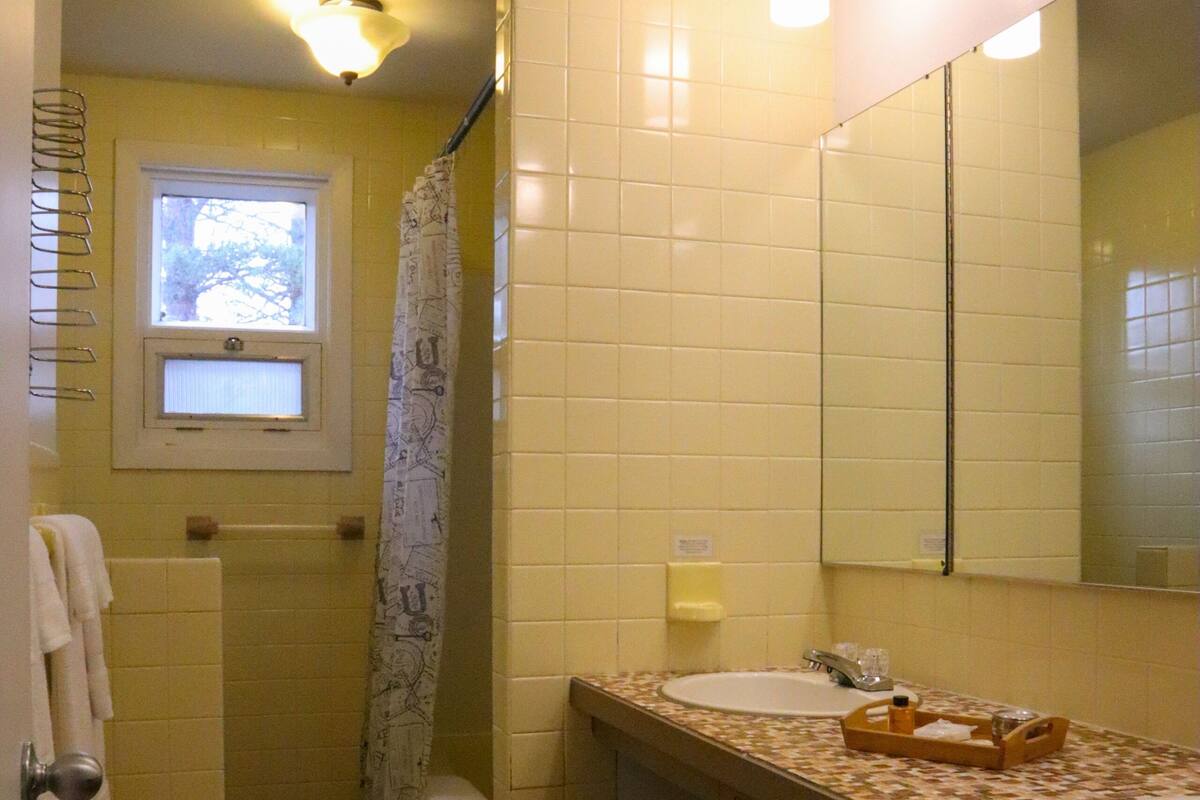 A bathroom with a shower, a sink, a mirror, and a window.