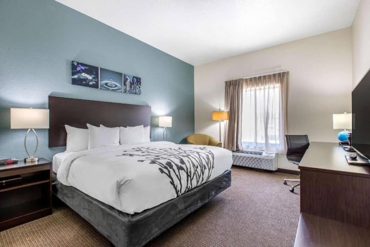 A hotel room with a bed, bedside tables, a desk, a chair, a TV, and a window with curtains.
