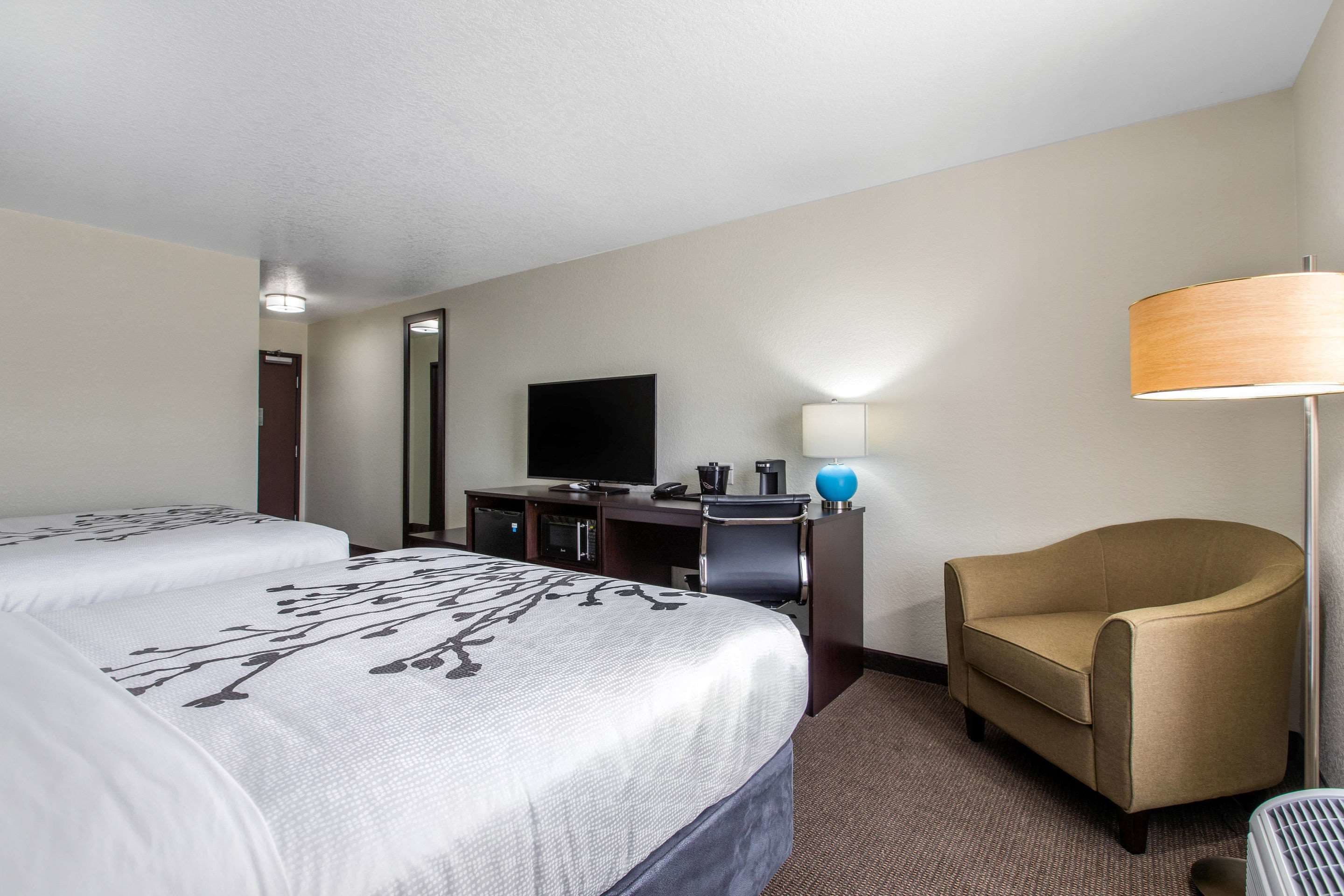 A hotel room with two beds, a desk, a chair, a flat-screen TV, and a lamp.