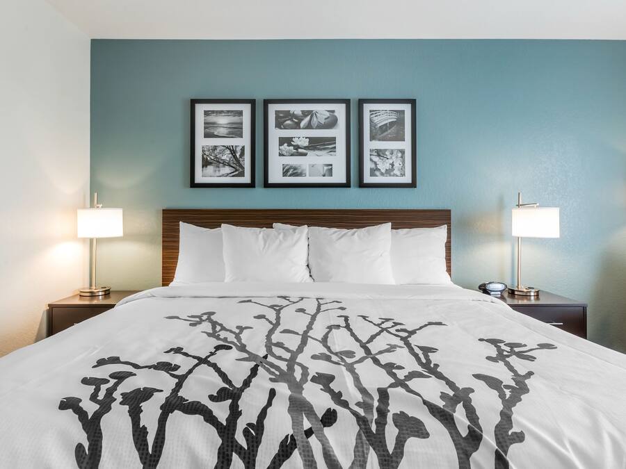Une chambre d’hôtel avec un lit, deux lampes de chevet et trois tableaux encadrés accrochés au mur.