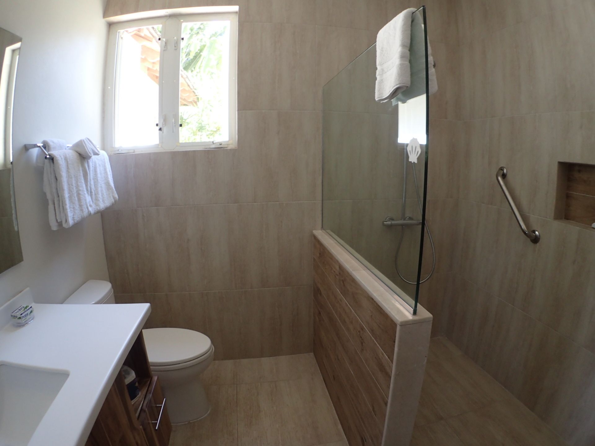 A modern bathroom with a glass-enclosed shower, a toilet, and a sink.