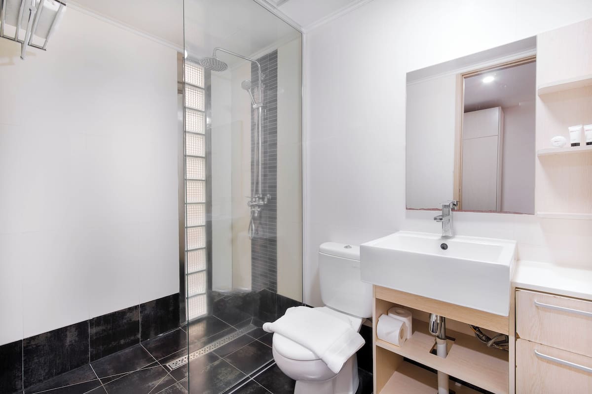 shower, rainfall showerhead, free toiletries, hair dryer