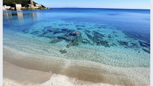 A coastal beach with clear water revealing underwater rocks, a sandy shore, and buildings on a hillside in the background. - Luxury villa with private pool 500m from the beach St Cyprien Porto Vecchio (Lecci)