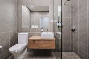 Shower, free toiletries, hair dryer, towels