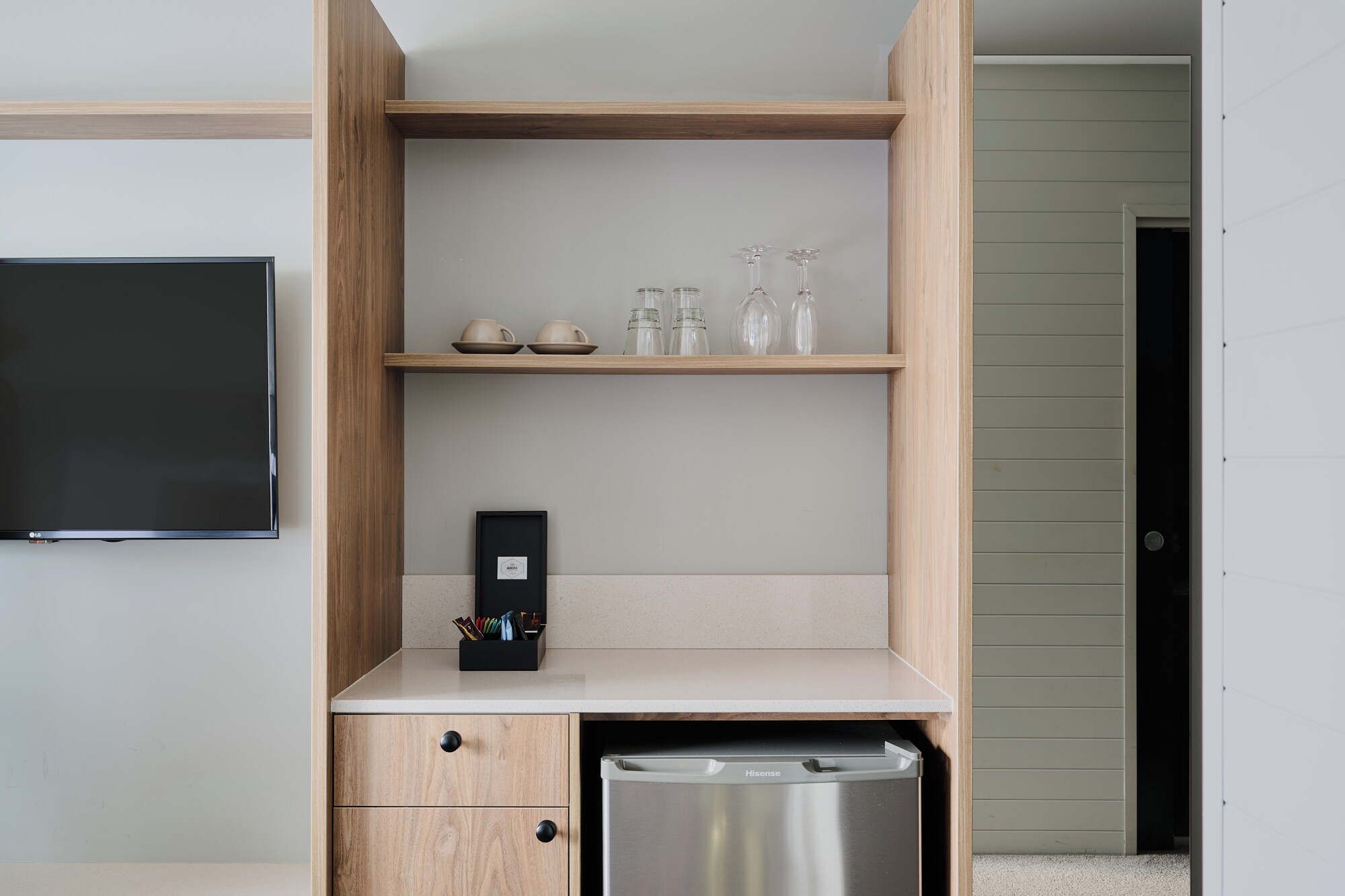 desk, laptop workspace, blackout curtains, iron/ironing board