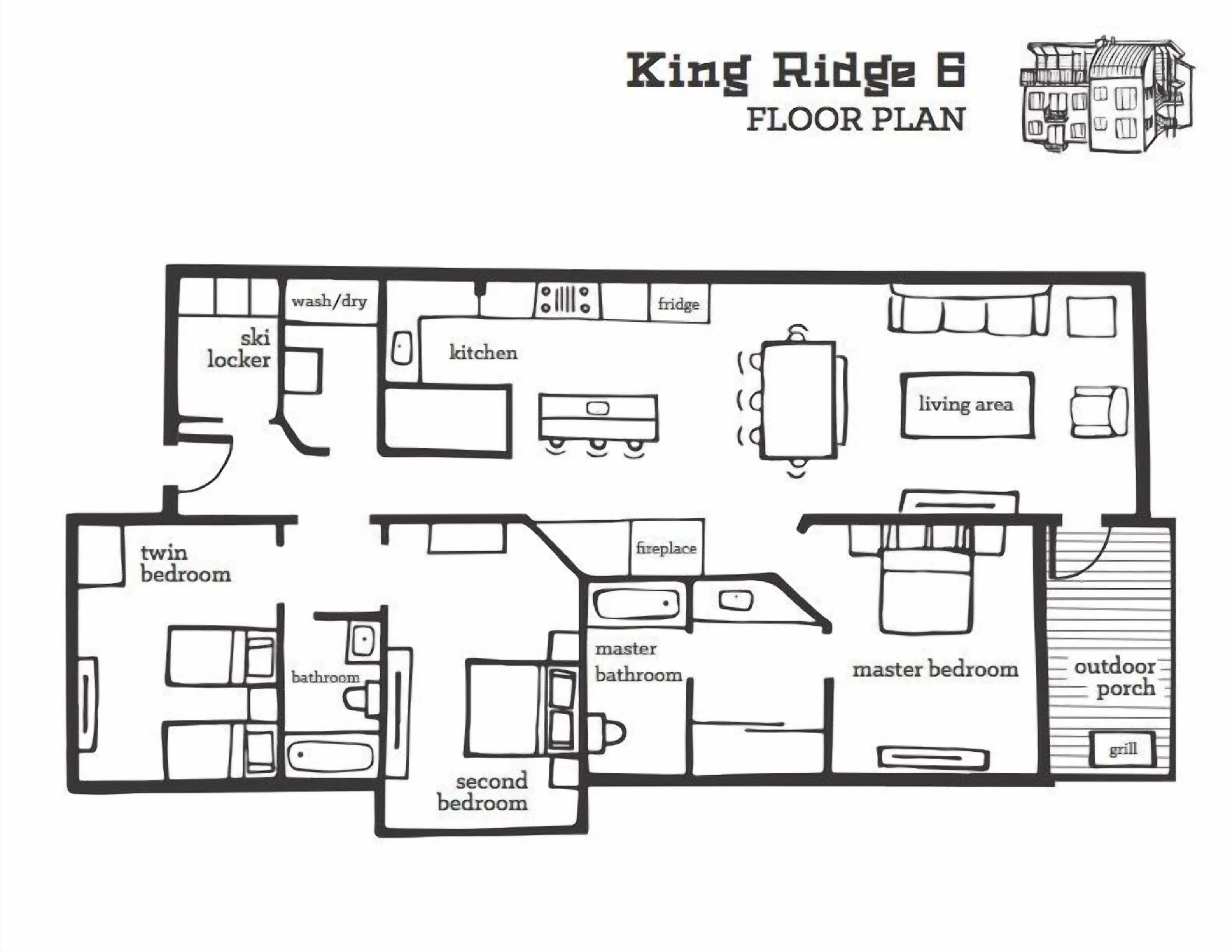 Plan d’étage du modèle King Ridge B, avec indication des différentes pièces, notamment une chambre avec deux lits simples, la chambre principale, la cuisine, le salon et la véranda.
