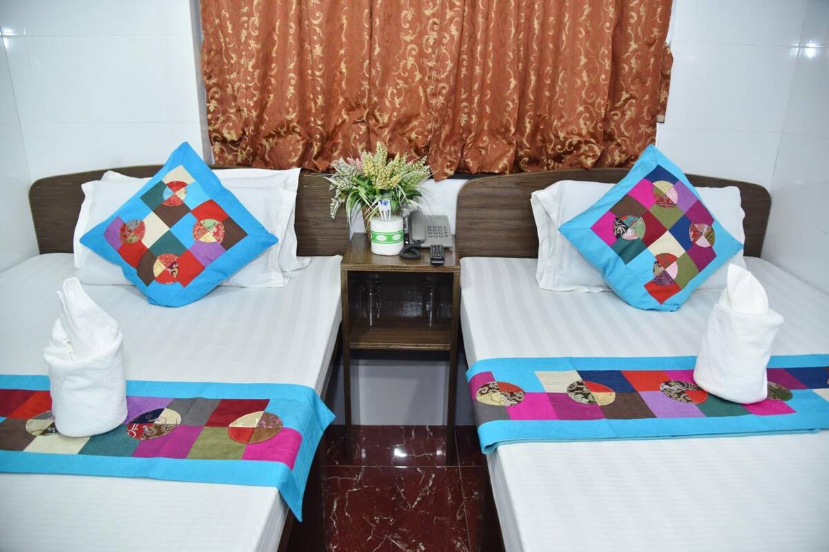 A hotel room with two beds, each with a colorful quilt and a white towel. There is a small table with a plant and a phone between the beds.