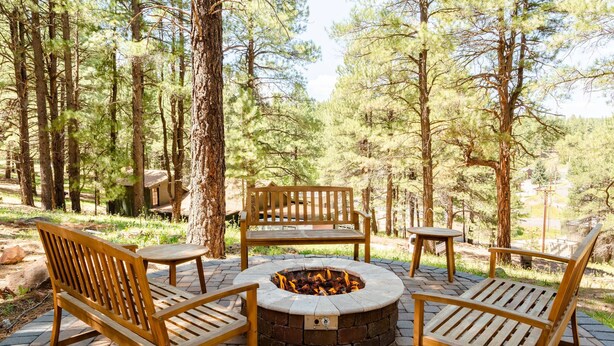 A circular fire pit surrounded by wooden benches and tables in a forested area.