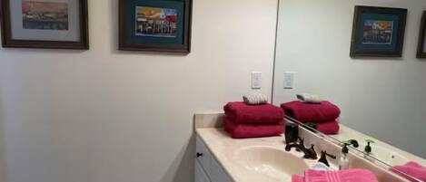 A bathroom with a sink, mirror, and two framed pictures on the wall.