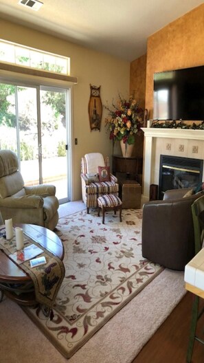 Smart TV, fireplace, books, video library