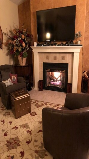 Smart TV, fireplace, books, video library