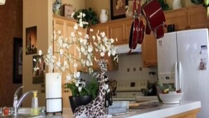 Une cuisine dotée d’un îlot central, de meubles en bois, d’une étagère à casseroles suspendue et d’un puits de lumière.