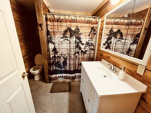 Combined shower/bathtub, towels, toilet paper