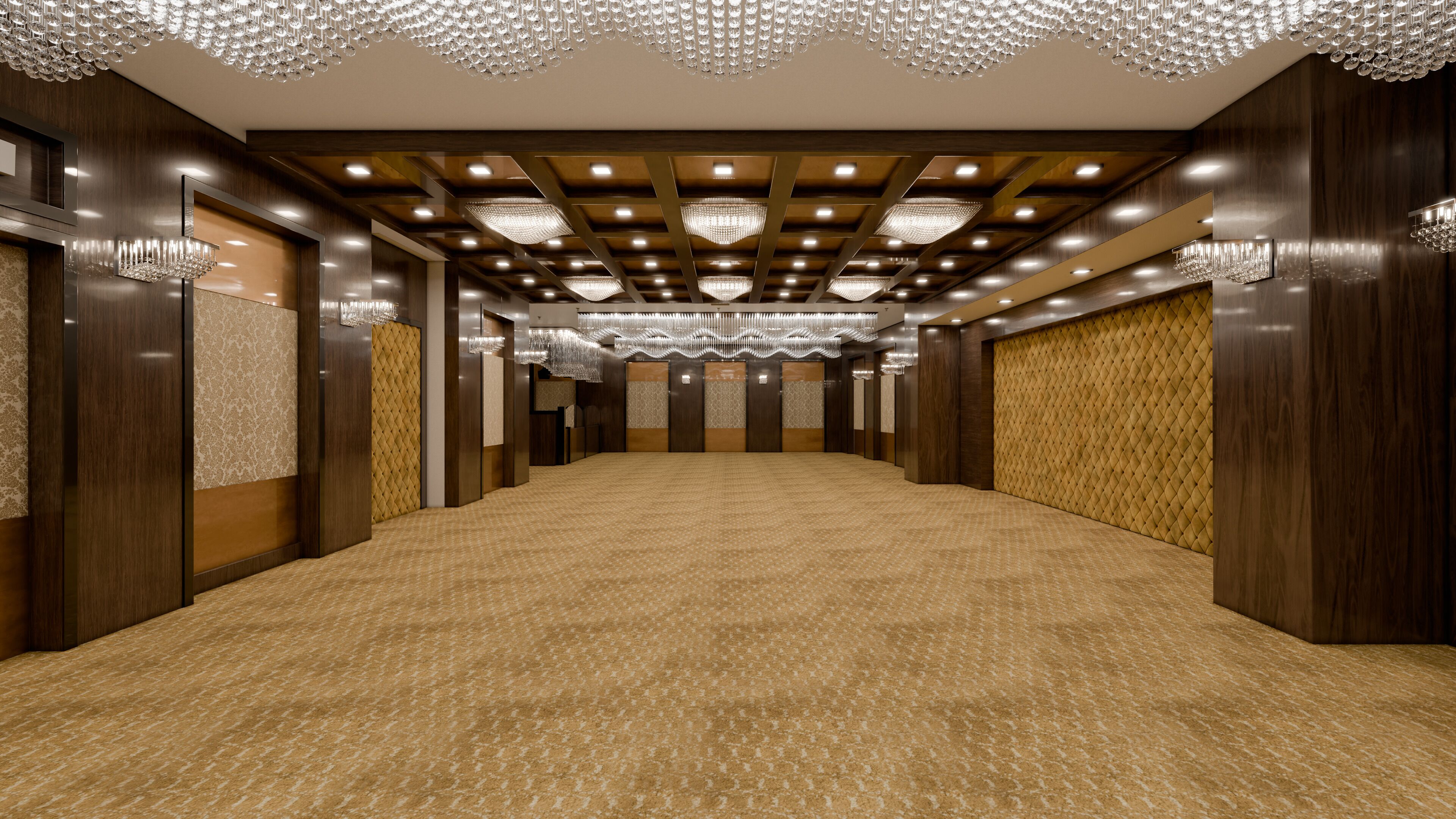 A spacious, well-lit hallway with patterned carpet, wooden paneling, and multiple chandeliers.
