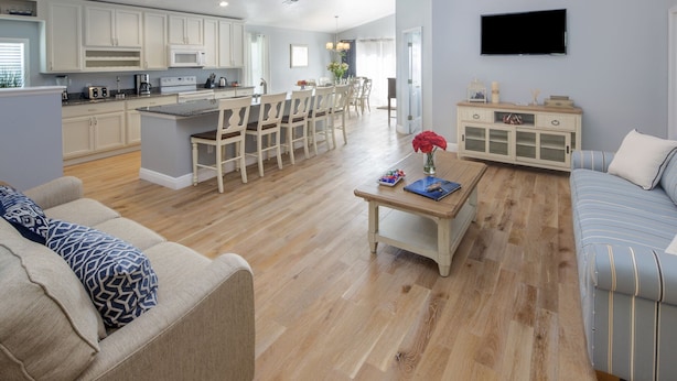 A modern kitchen with white cabinets, a dining area with a wooden table and chairs, a living room with a striped sofa, and a TV mounted on the wall. - MARCH SPECIAL  AVAILABLE! (Davenport)