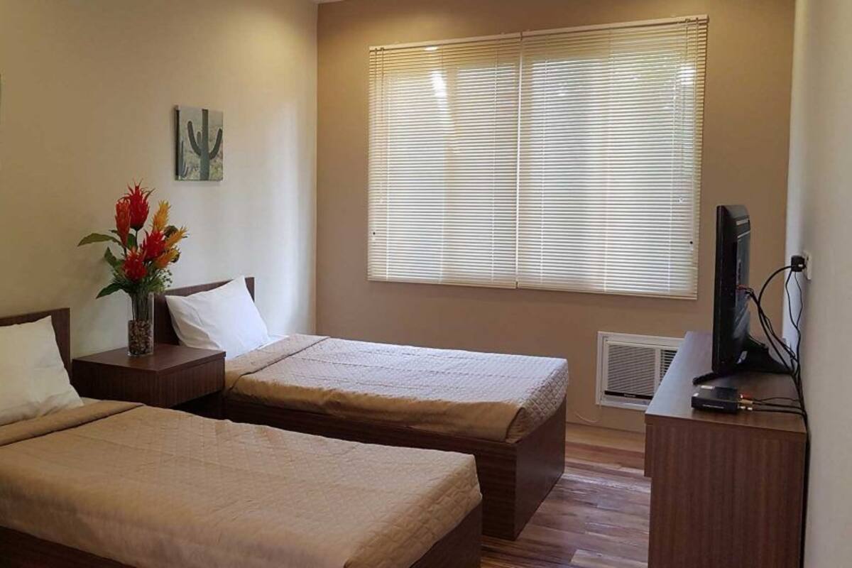 Une chambre d’hôtel avec deux lits simples, une table de chevet avec une lampe, un téléviseur et une fenêtre avec des stores.