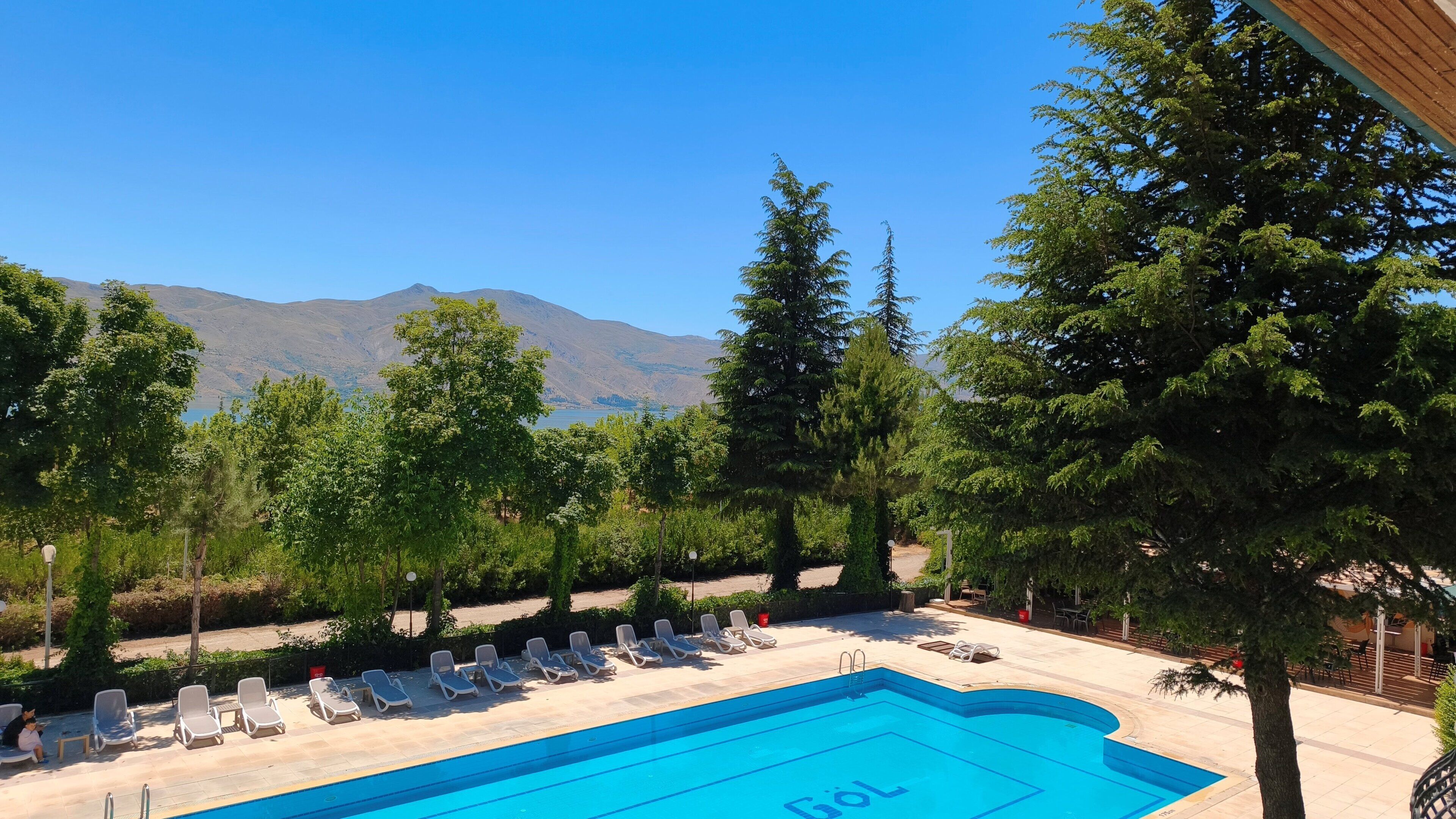 Una piscina amb gandules i vista a les muntanyes.