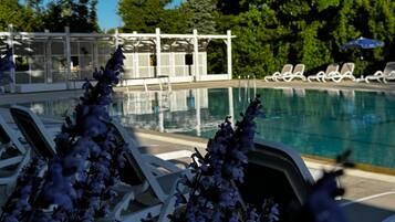 Zona de piscina con sillones de descanso y una alberca.