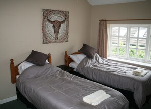 A room with two beds, a window with curtains, and a tapestry on the wall. - Alder Cottage (Tiverton)