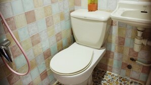 A bathroom with a toilet, a sink, and a shower. - Ridor Guesthouse (Kowloon)