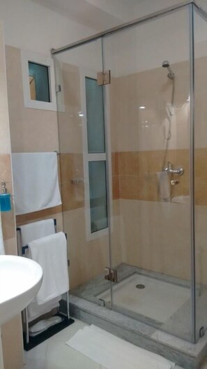 A bathroom with a glass-enclosed shower, a sink, and a mirror.