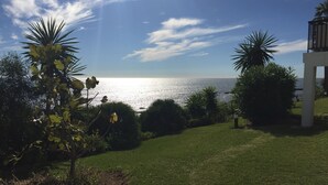 Zona verde con vista al mar, rodeada de palmeras y una estructura blanca.