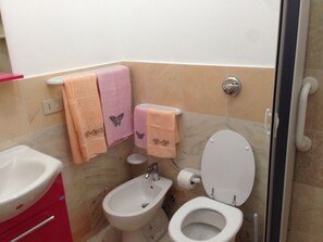 Kylpyhuone, jossa on bidee, wc ja pesuallas.