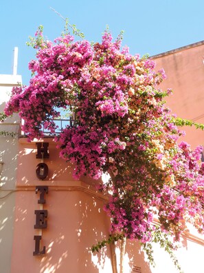 A hotel sign with the name "HOTEL" in large letters, surrounded by blooming pink bougainvillea flowers.