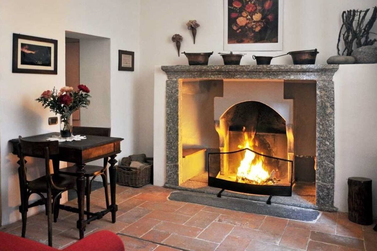 A fireplace with a fire, a dining table with chairs, and a vase of flowers.