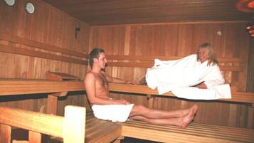 A sauna room with wooden benches and a wooden ceiling.