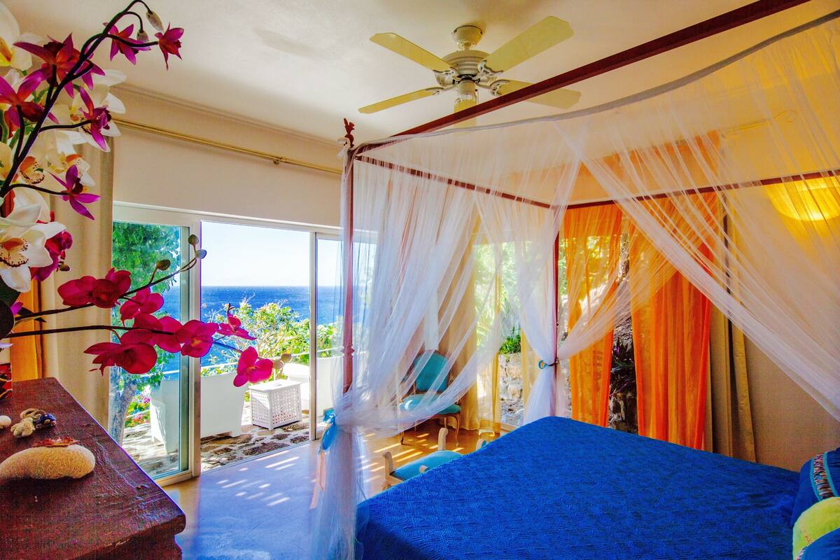 A bedroom with a bed, a ceiling fan, and a view of the ocean.