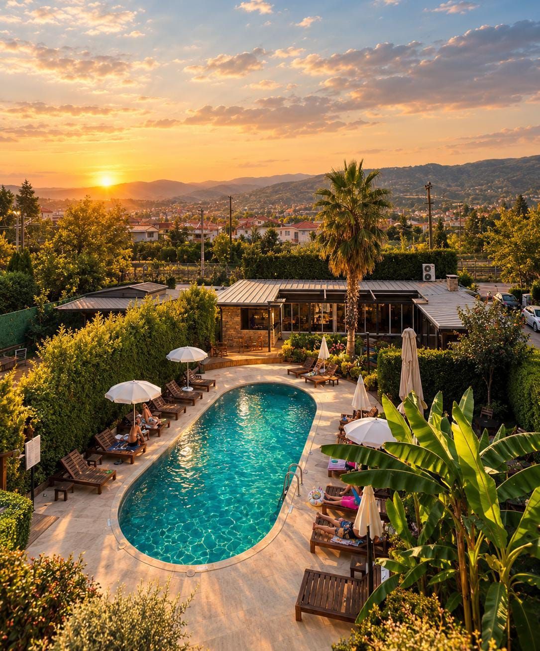 A swimming pool with lounge chairs and umbrellas, surrounded by greenery and overlooking a residential area.