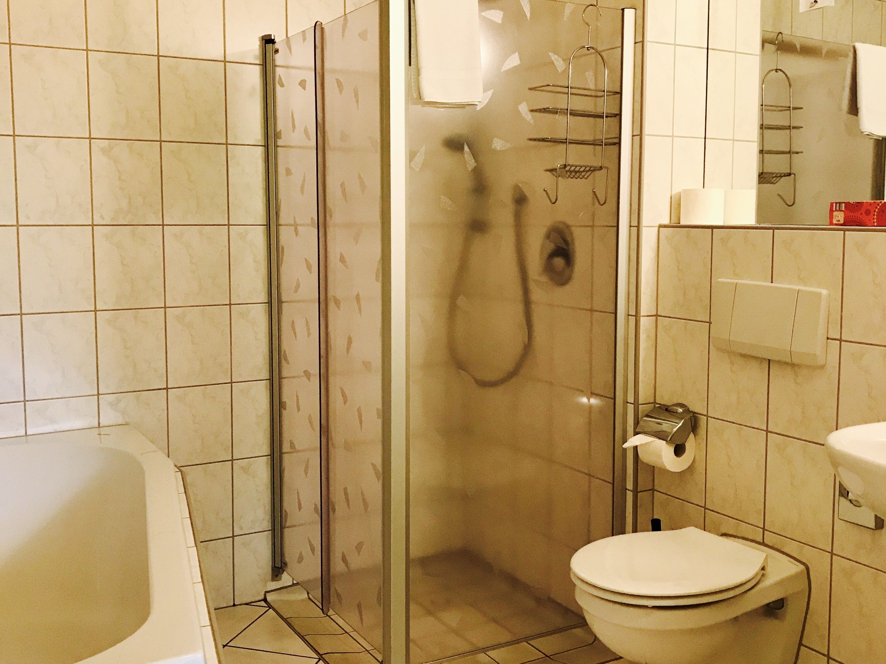 Un baño con ducha envuelta en vidrio, inodoro y bañera.