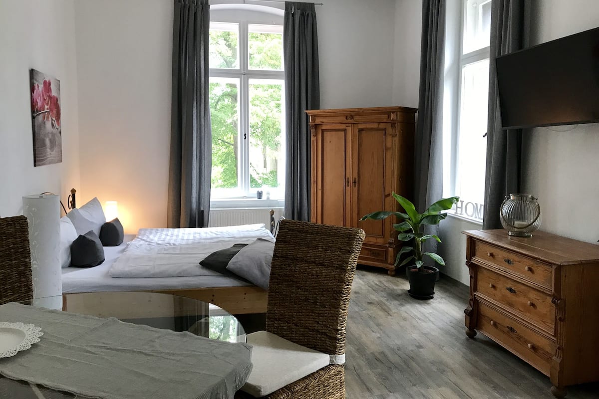 A bedroom with a bed, a dresser, a television, a window with curtains, and a plant.