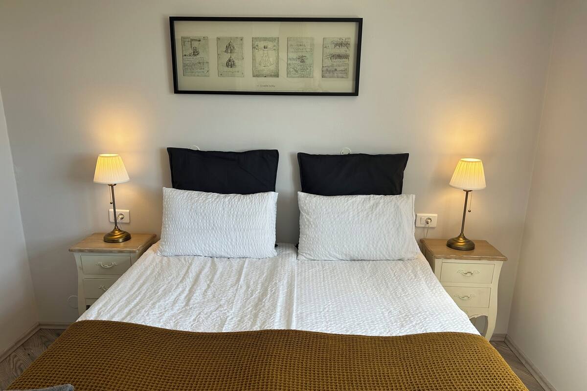A double bed with white and black pillows, two bedside tables with lamps, a framed picture above the bed, and a brown blanket on the bed.