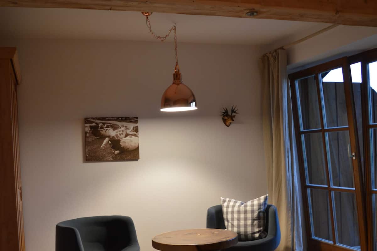 A room with two modern chairs, a round wooden table, a mounted deer head, a framed picture, and a large window with curtains.