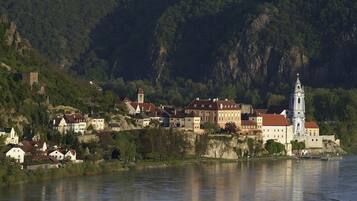 A riverside town with historic buildings, a prominent church, and a castle on a hillside.