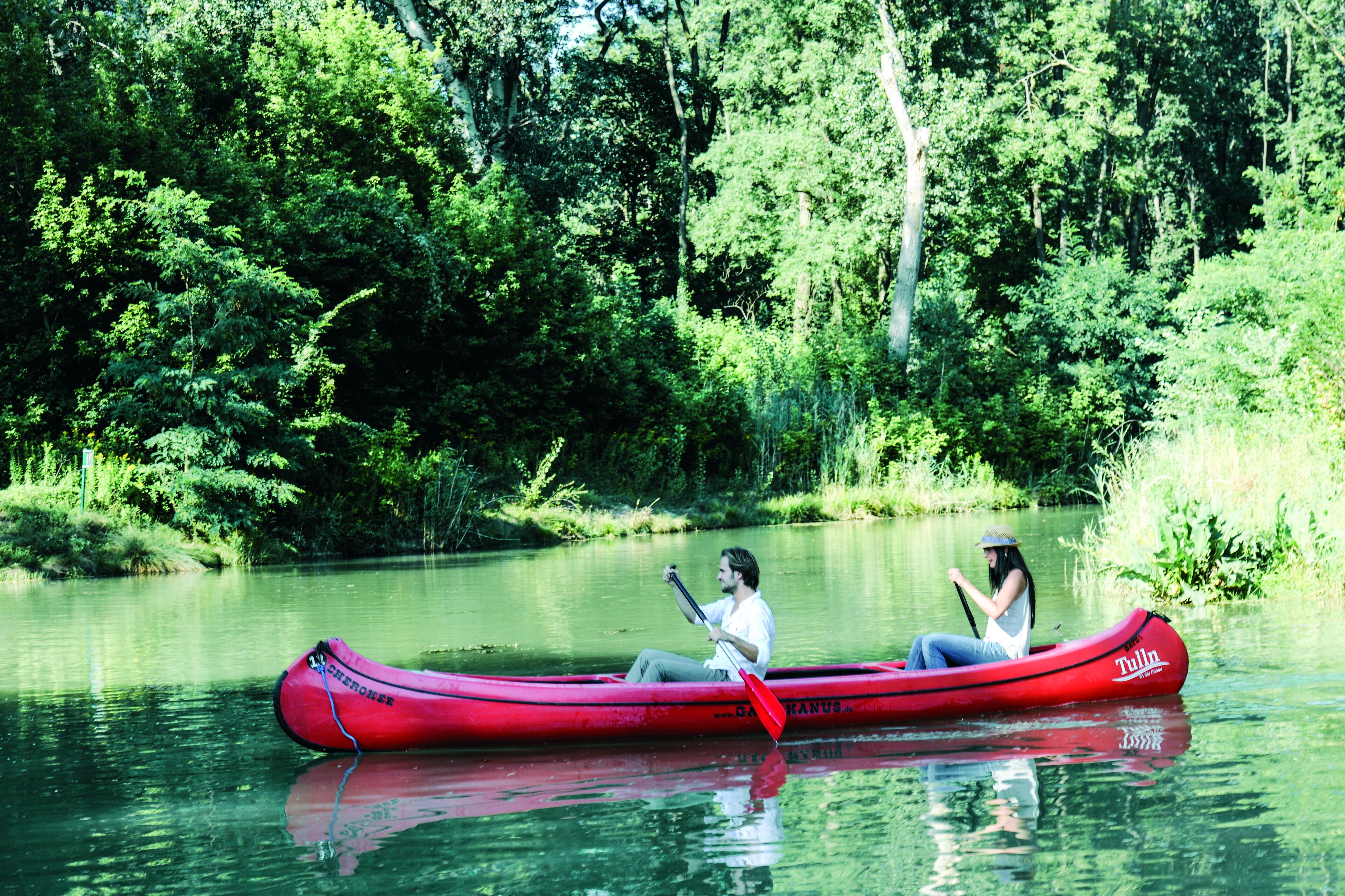 Una canoa roja en un río tranquilo rodeado de vegetación densa.