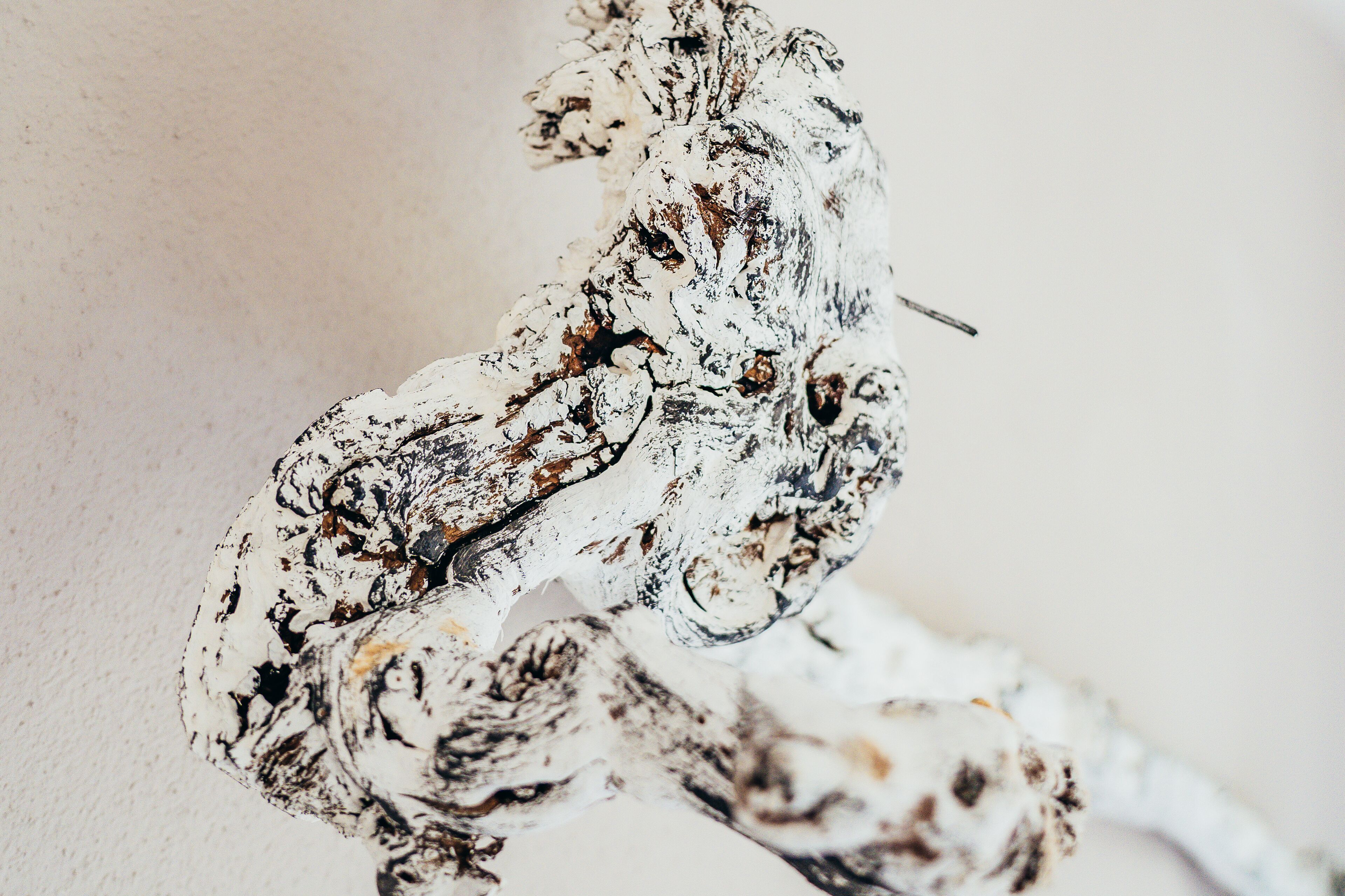 A close-up of a textured sculpture with intricate patterns and dark spots.