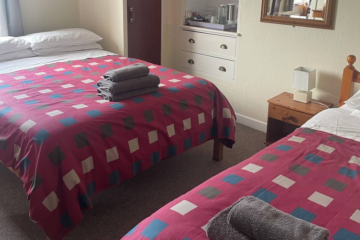 Una habitación de hotel con dos camas, un aparador, un espejo y un ventilador de techo.
