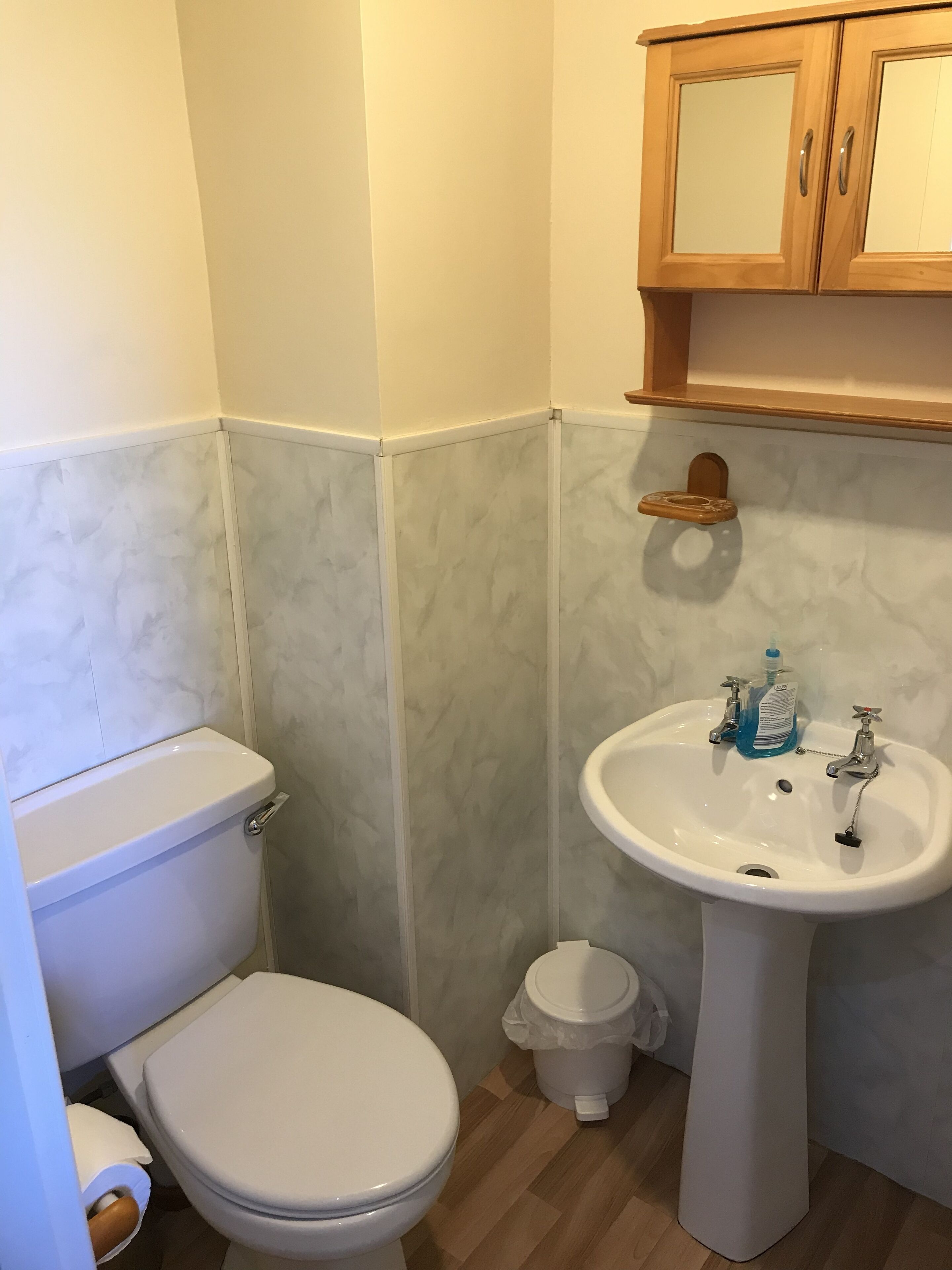 A bathroom with a toilet, sink, and cabinet.