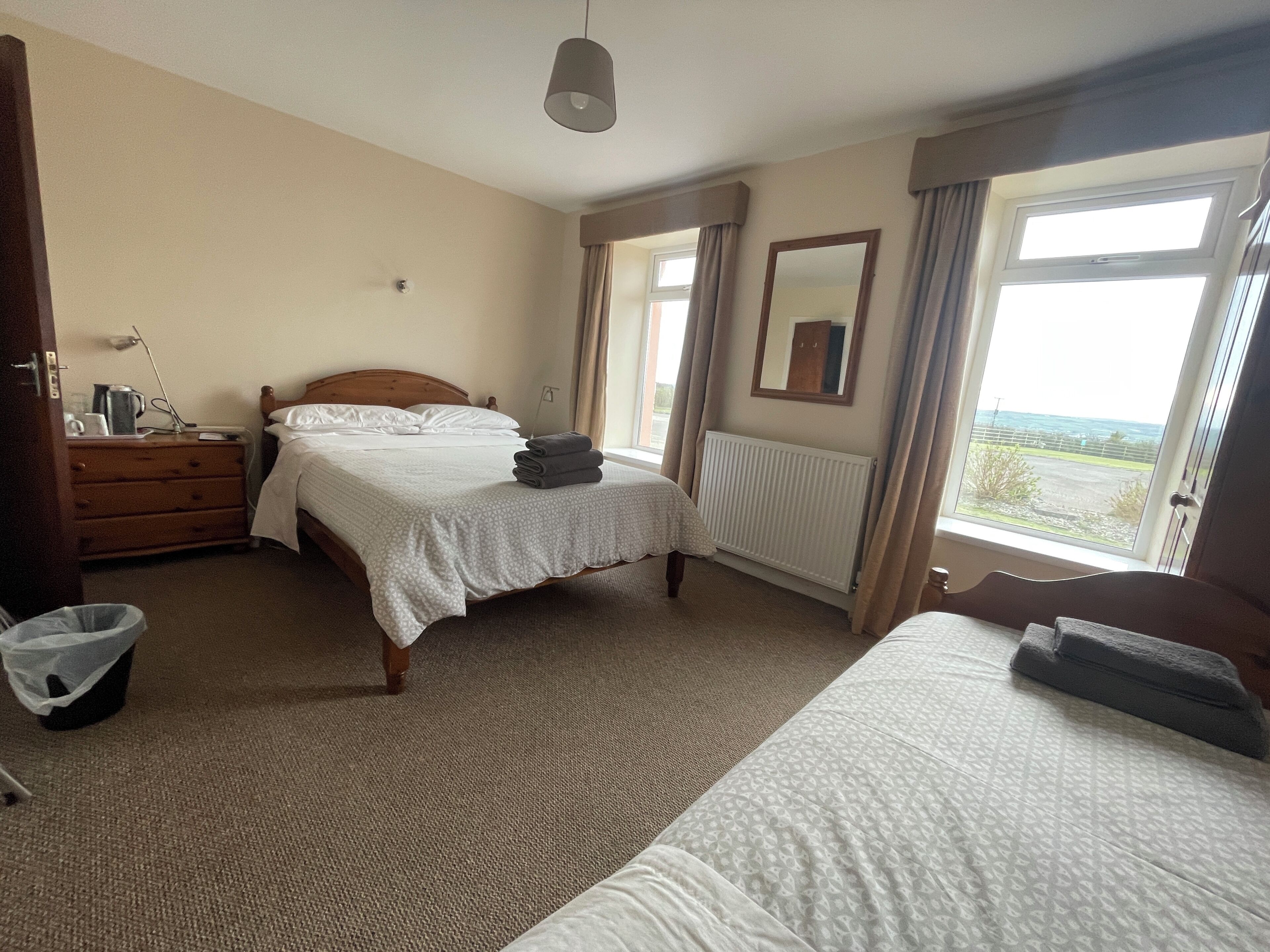 A bedroom with two beds, a dresser, a radiator, and a window with a view.