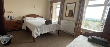 A bedroom with two beds, a dresser, a radiator, and a window with a view.