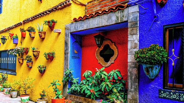 A vibrant street with colorful buildings, potted plants, and a blue door. - Posada Margaritas (Tlaquepaque)