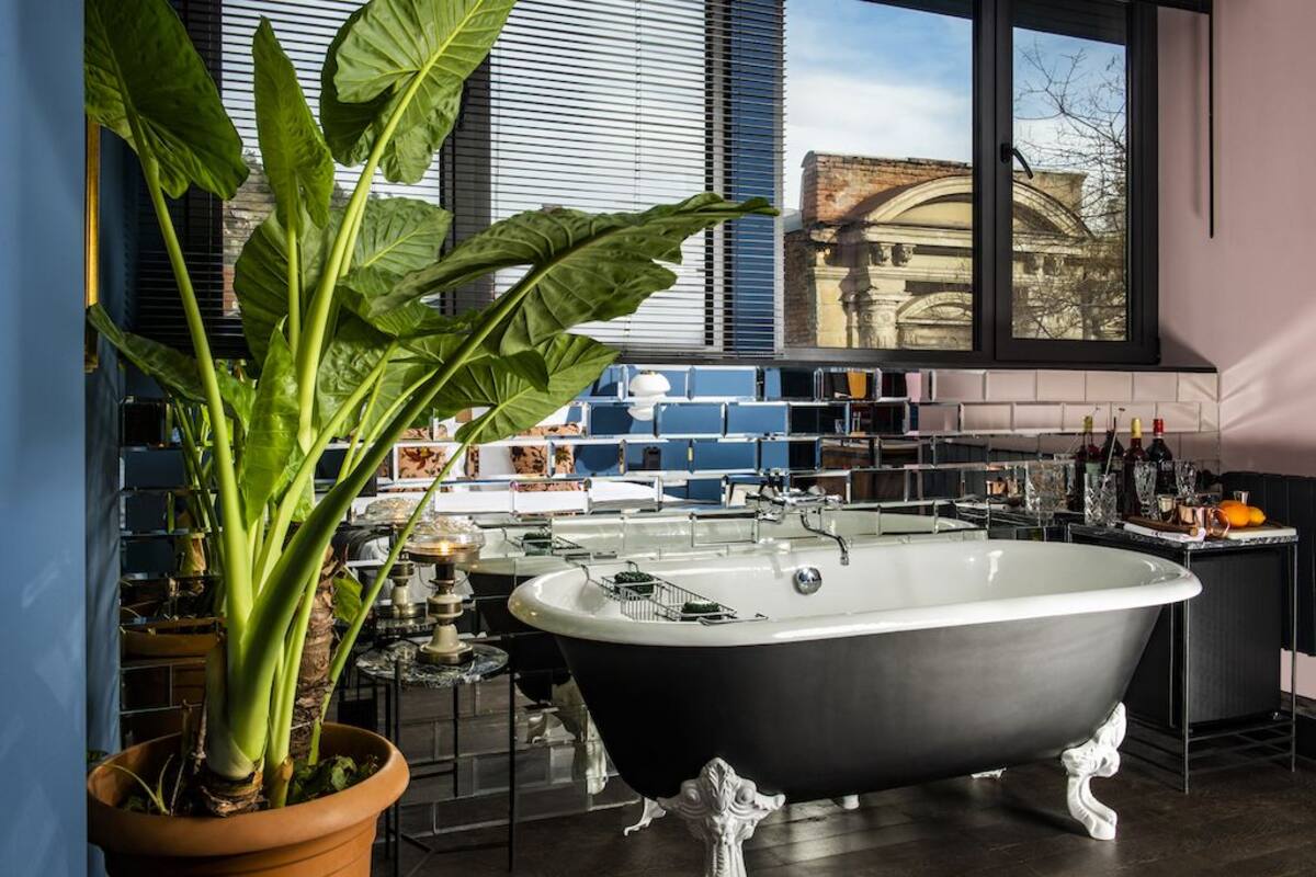 A bathroom with a freestanding bathtub, a large potted plant, and a view of a building through a window.