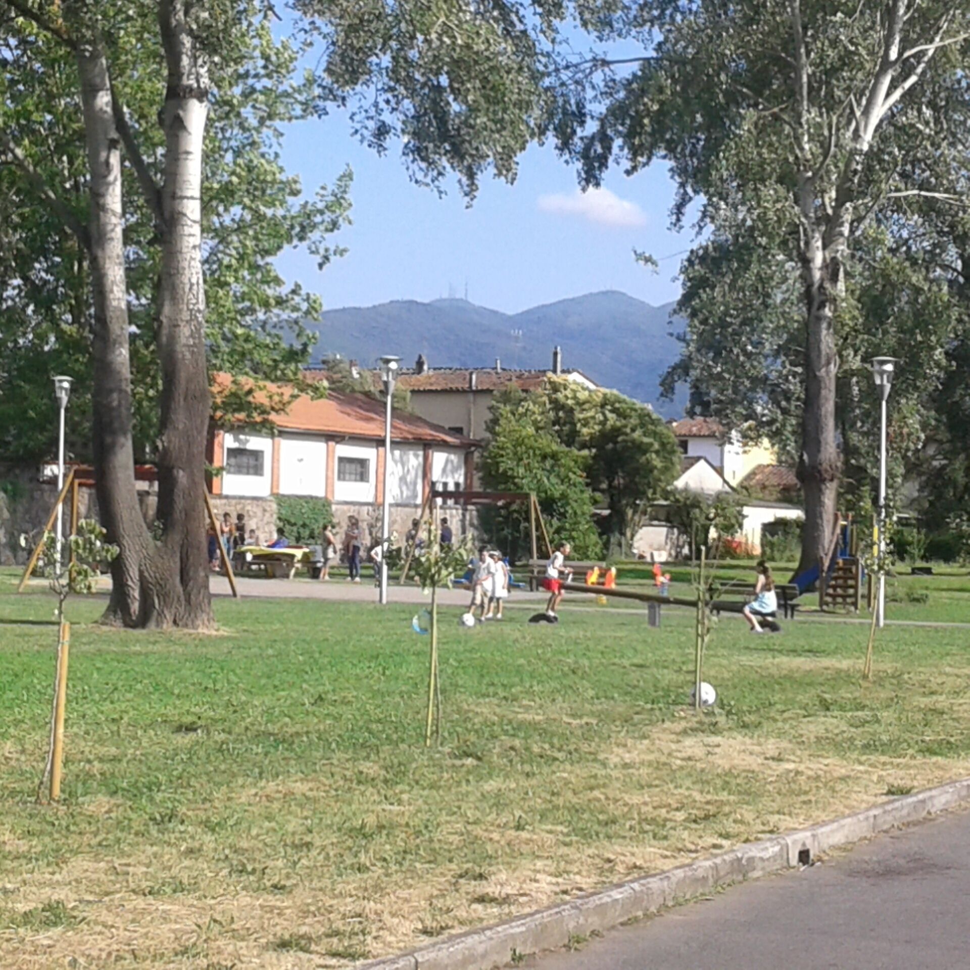 A park with grassy areas, trees, and playground equipment.